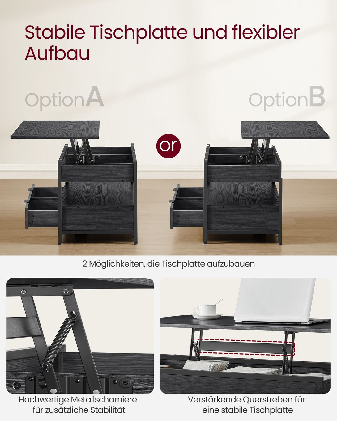 Dohányzóasztal, magasságában állítható, 50×100 cm, antracitszürke–tintafekete-VASBÚTOR