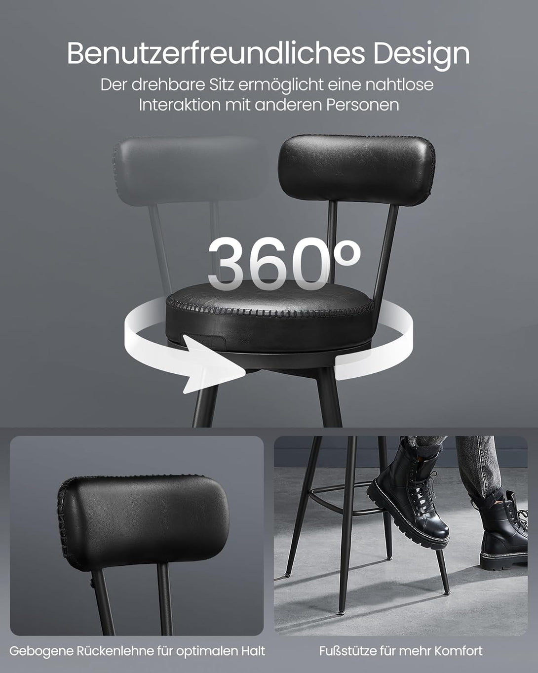 EKHO 360°-ban forgatható bárszék 2 darabos szett, 76 cm magas, tintafekete színben-VASBÚTOR