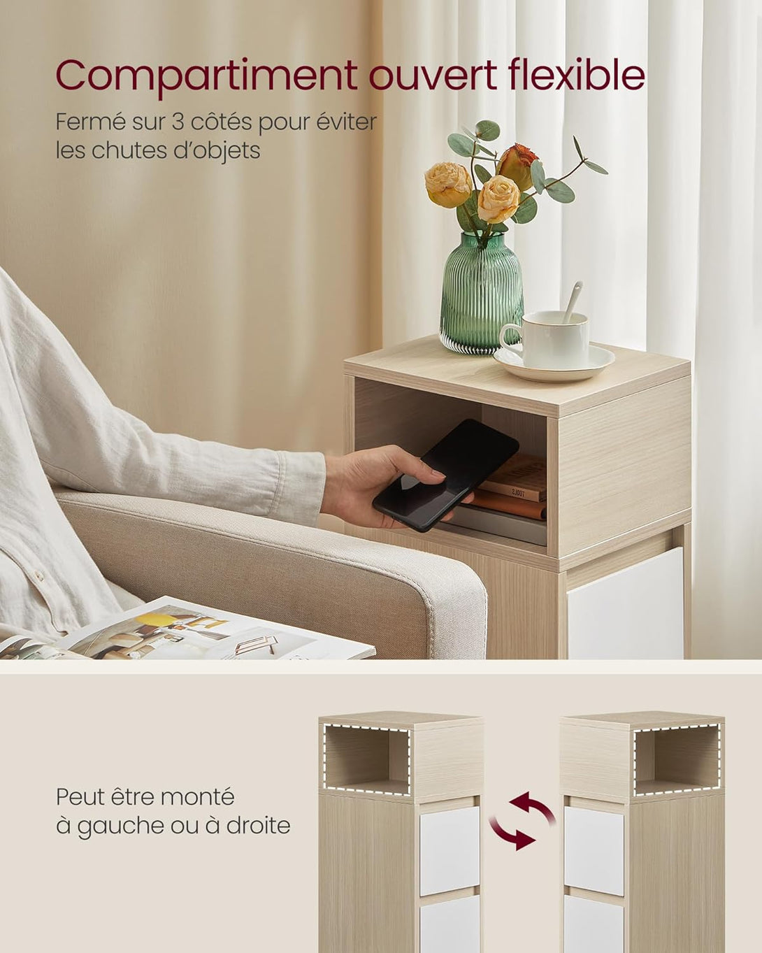 Éjjeliszekrény, 2 fiók, nyitott rekesz,natúr bézs, felhőfehér-VASBÚTOR