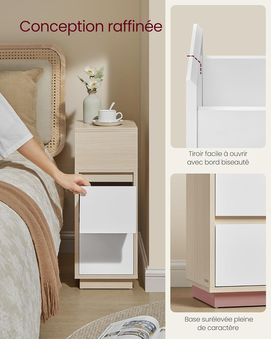 Éjjeliszekrény, 2 fiók, nyitott rekesz,natúr bézs, felhőfehér-VASBÚTOR