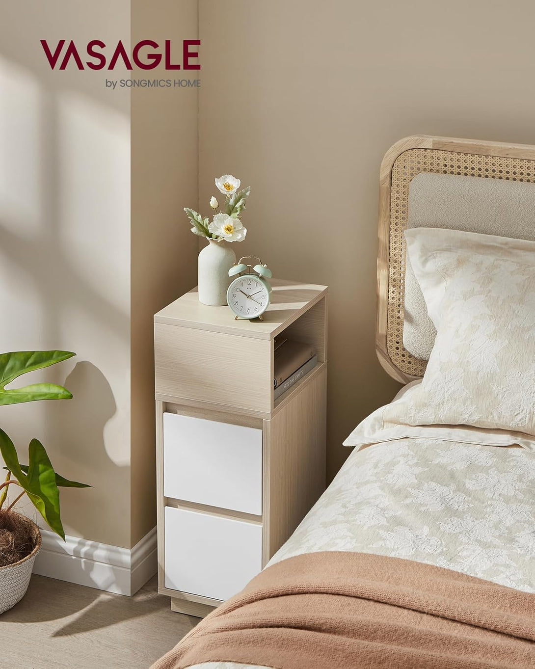 Éjjeliszekrény, 2 fiók, nyitott rekesz,natúr bézs, felhőfehér-VASBÚTOR