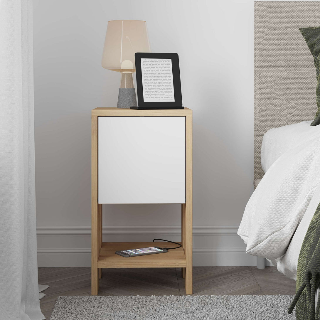 Éjjeliszekrény Ema - Sapphire Oak, White-VASBÚTOR
