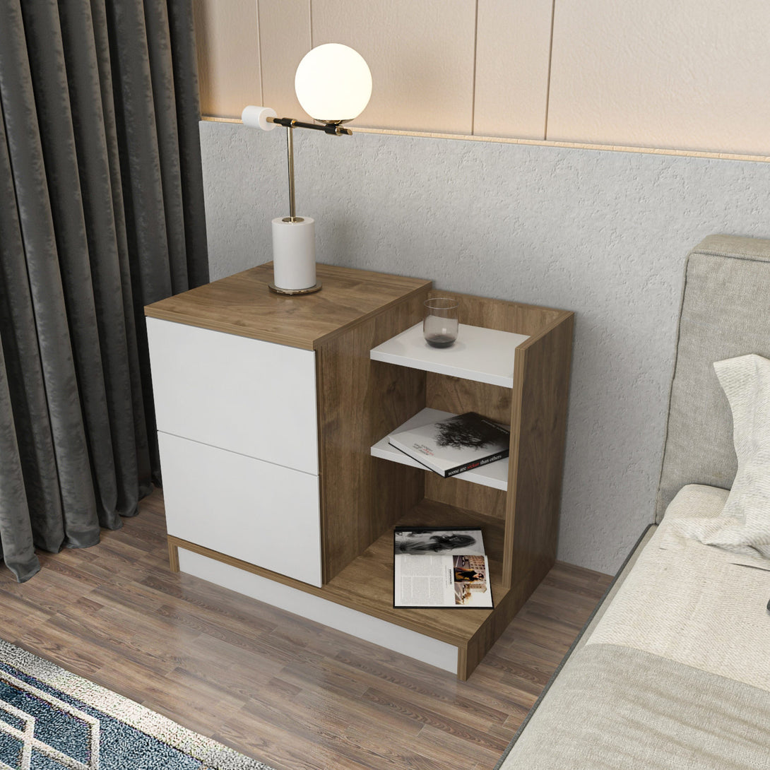 Éjjeliszekrény Rena - White, Walnut-VASBÚTOR
