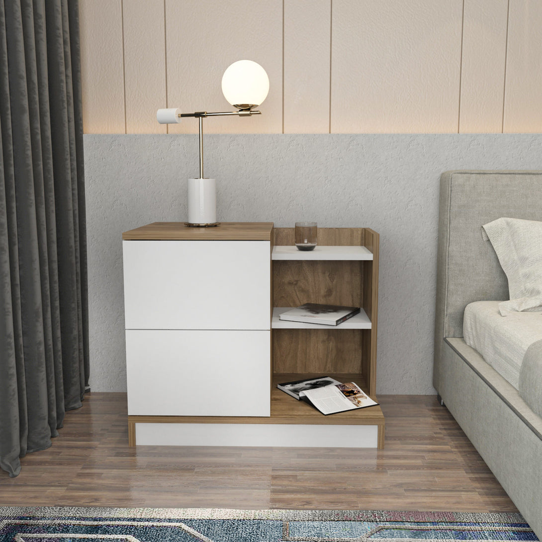 Éjjeliszekrény Rena - White, Walnut-VASBÚTOR