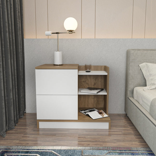 Éjjeliszekrény Rena - White, Walnut-VASBÚTOR
