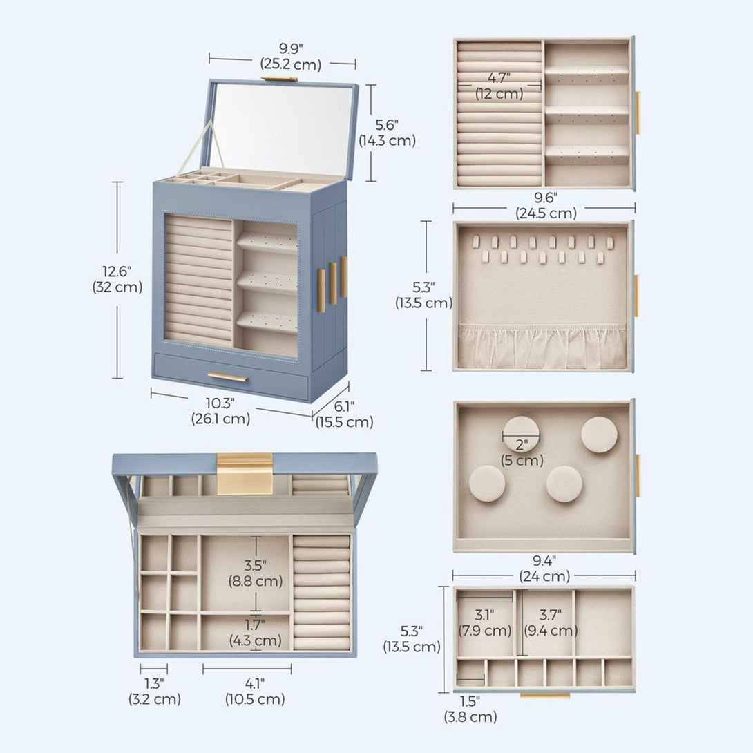 Ékszerdoboz üvegablakkal, ékszertartó 3 oldalsó fiókkal, füstös kék és arany-VASBÚTOR