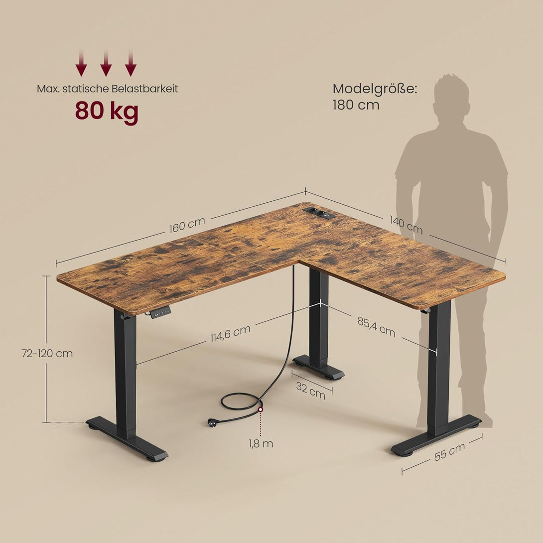 Elektromos L-alakú íróasztal, 140 x 160 cm, beépített töltőállomással rusztikus barna és fekete-VASBÚTOR