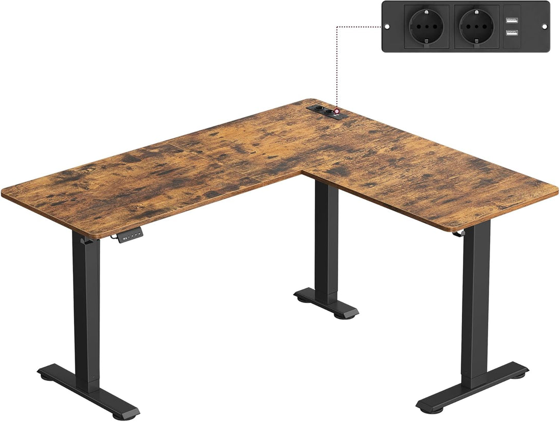 Elektromos L-alakú íróasztal, 140 x 160 cm, beépített töltőállomással rusztikus barna és fekete-VASBÚTOR