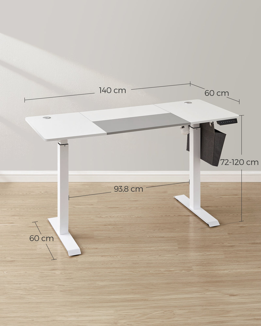 Elektromosan állítható magasságú íróasztal, 60 x 140 x 72–120 cm, fehér/szürke-VASBÚTOR