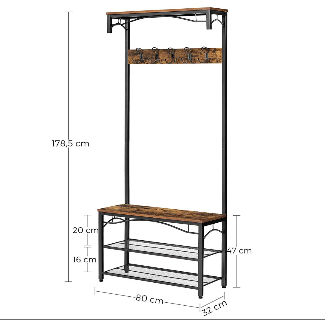 Előszoba fogas polccal, fcipőtartóval és ülőkével 80 x 32 x 178 cm, rusztikus barna-VASBÚTOR