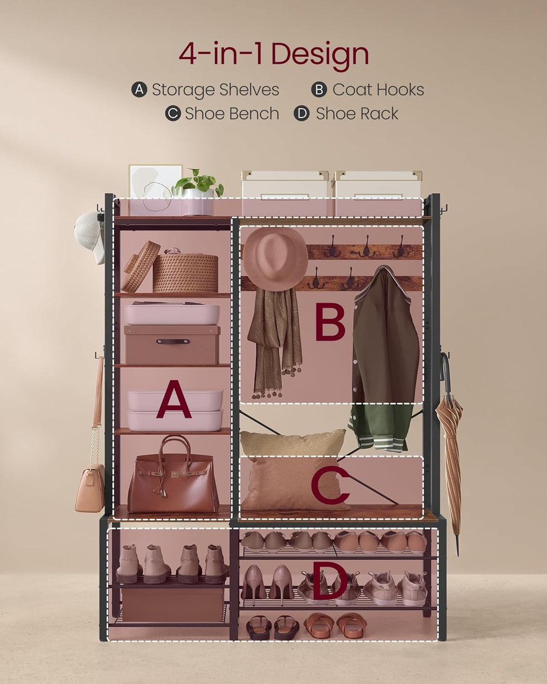 Előszobafal paddal és cipőtárolóval 40x120x190 cm, barna/fekete-VASBÚTOR