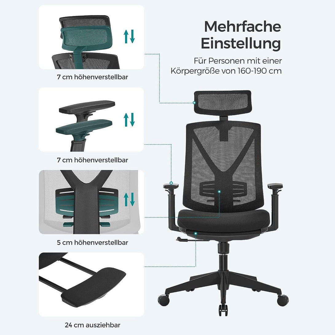 Ergonomikus irodai szék lábtartóval, maximális terhelés 150 kg, fekete-VASBÚTOR