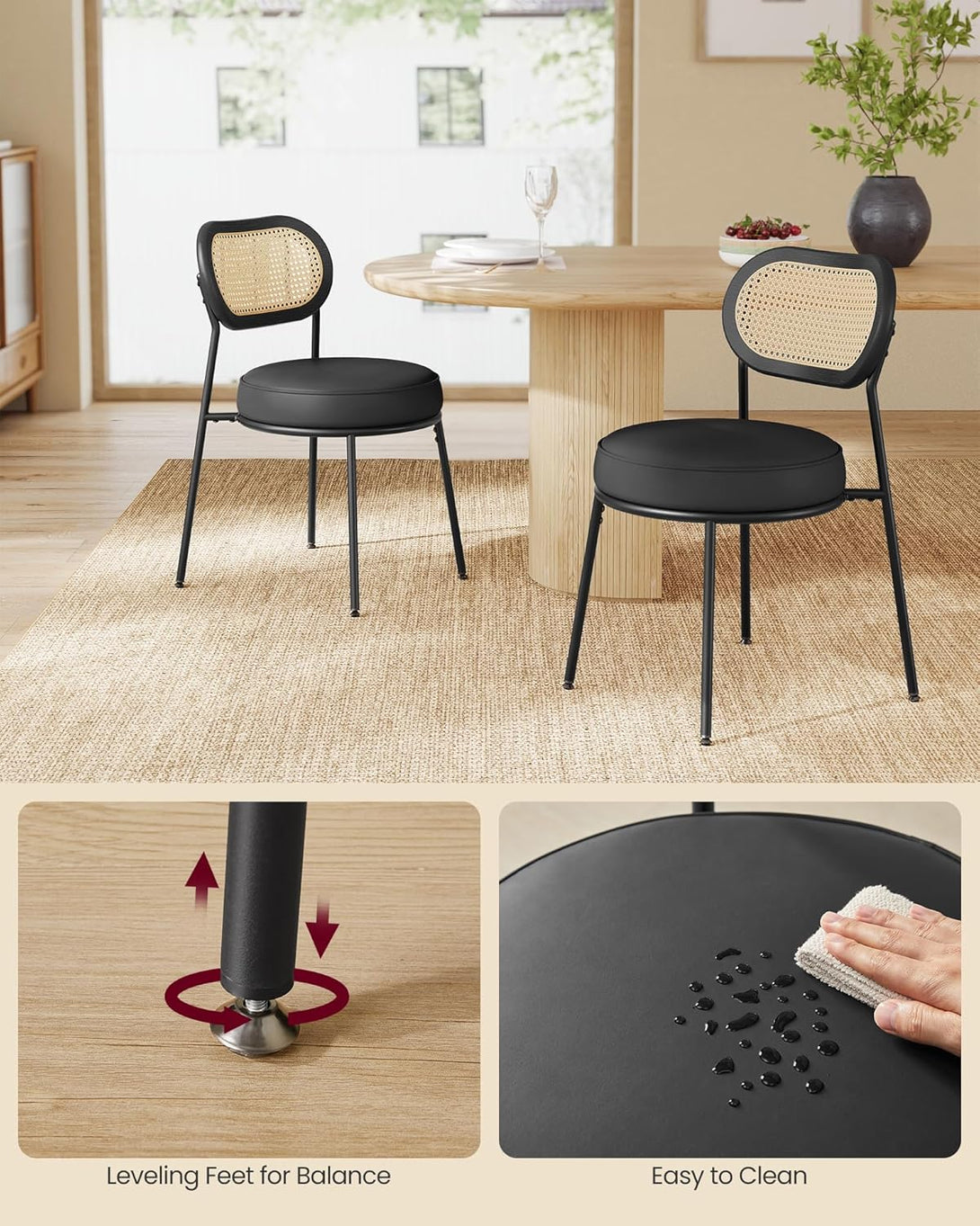 Étkezőszékek, rattan háttámlás étkezőszék készlet, Műbőr, kárpitozott , tintafekete-VASBÚTOR