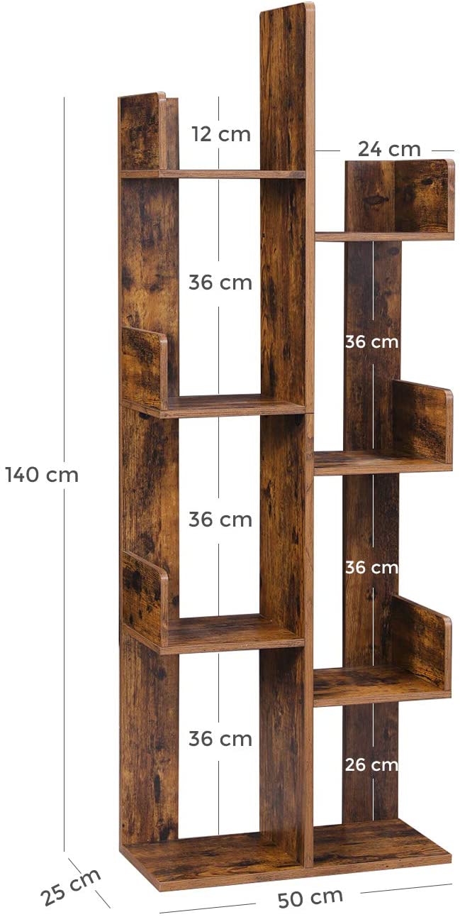 Fa alakú könyvespolc, álló polc 8 rekesszel, tárolópolc, 50 x 25 x 140 cm-VASBÚTOR
