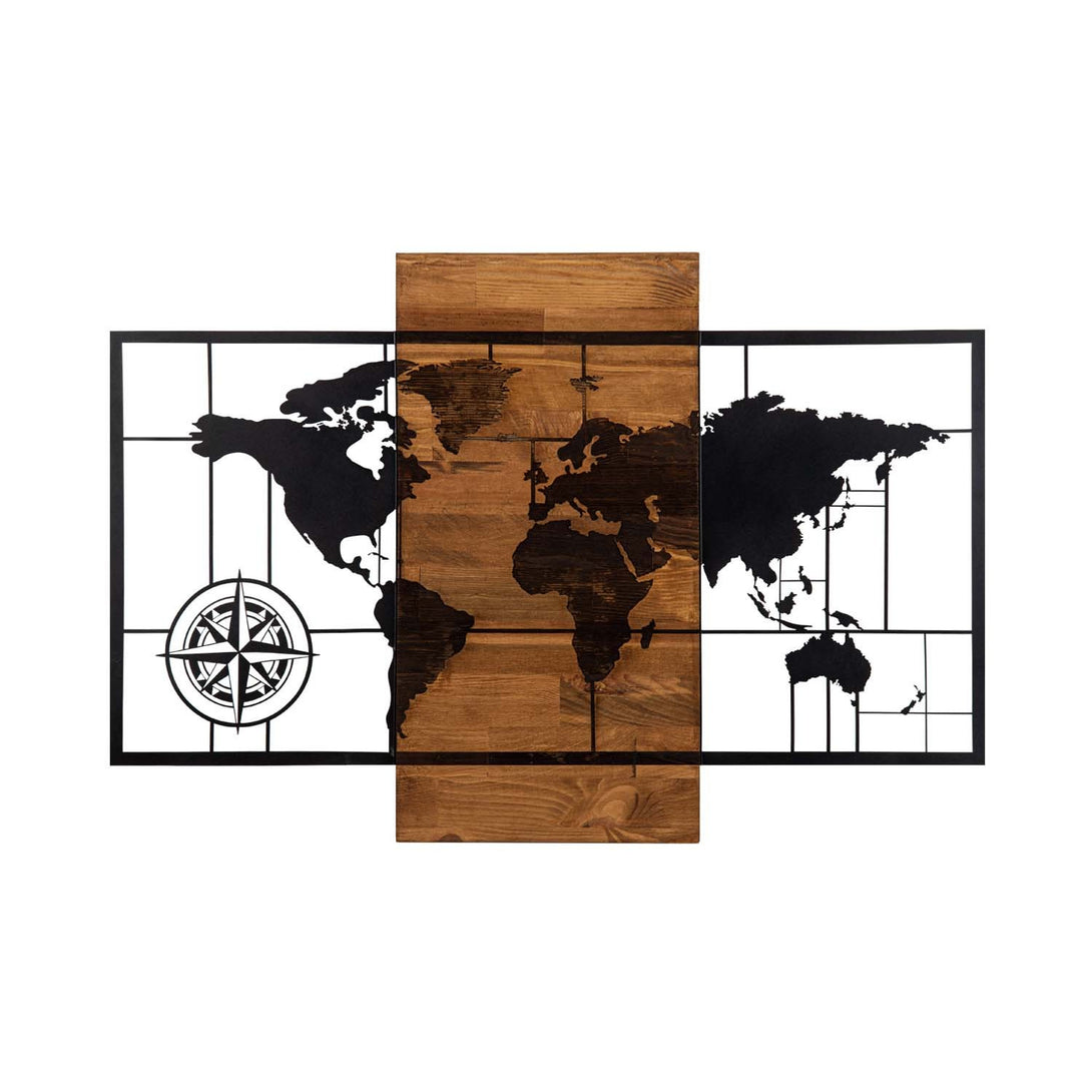 Fa fali dekoráció, World Map Wıth Compass-VASBÚTOR
