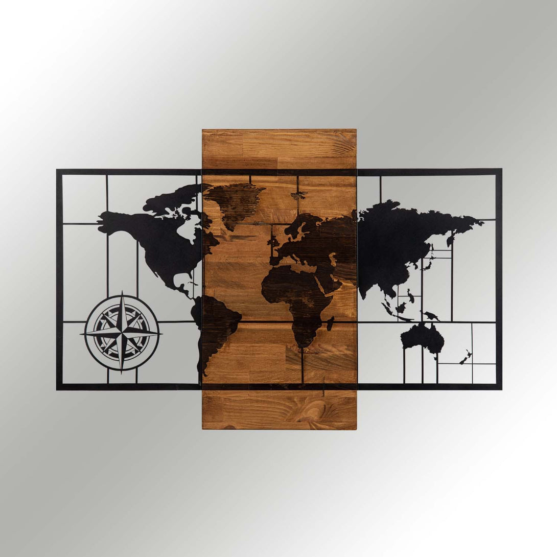 Fa fali dekoráció, World Map Wıth Compass-VASBÚTOR