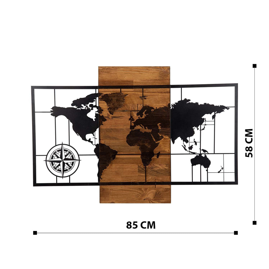 Fa fali dekoráció, World Map Wıth Compass-VASBÚTOR