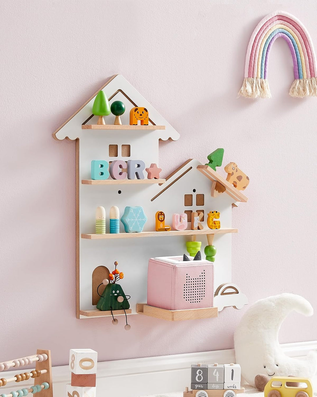 Fali polc 35 figura tárolására, gyerekszobába, felhő fehér-VASBÚTOR