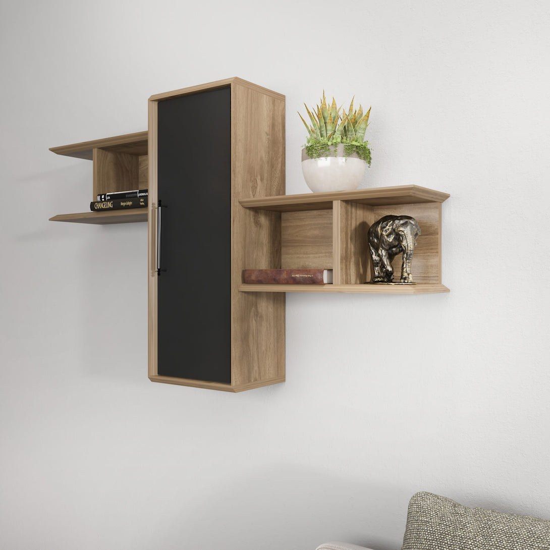 Fali polc Olida - Walnut, Black-VASBÚTOR