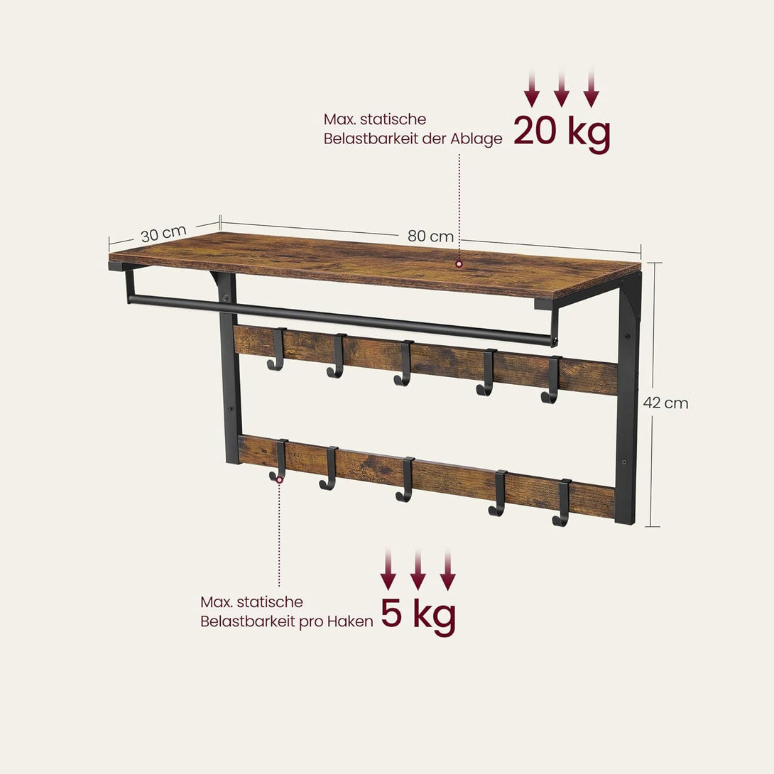 Falra szerelhető ruhatartó, fali polc 10 kivehető akasztóval, rusztikus barna és fekete-VASBÚTOR