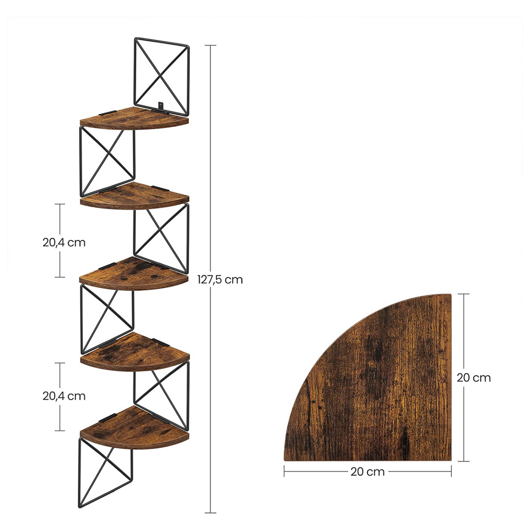 Falra szerelhető sarokpolc, úszó polc 5 szintes, rusztikus barna és fekete-VASBÚTOR