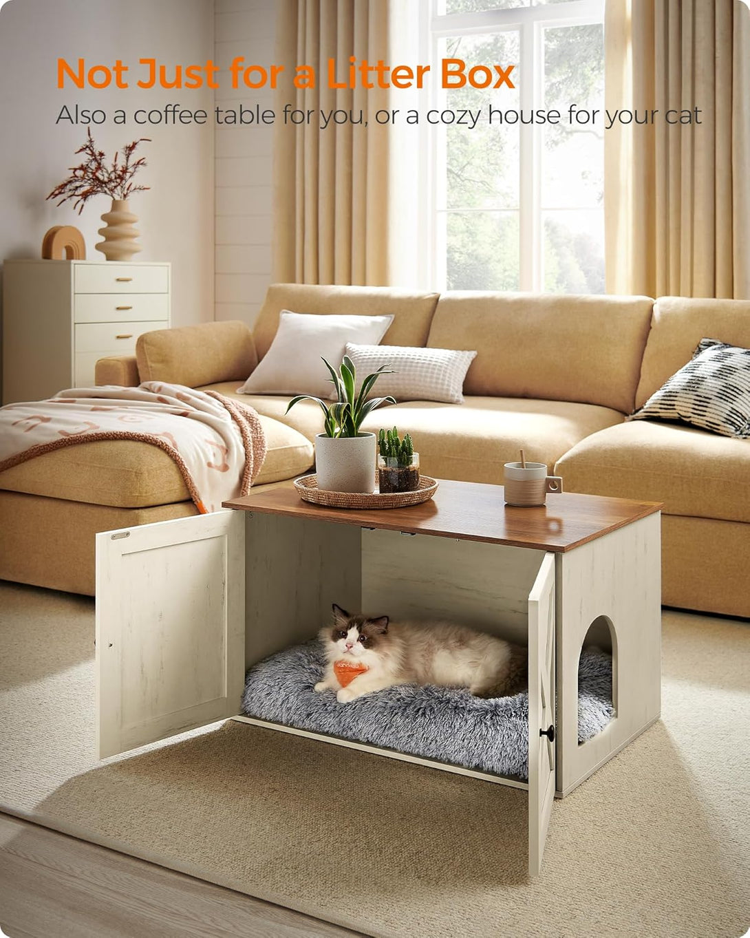 Feandrea macskaalom-bútor elrejtett kialakítással, 80 × 53 × 50 cm, barna és fehér színben-VASBÚTOR