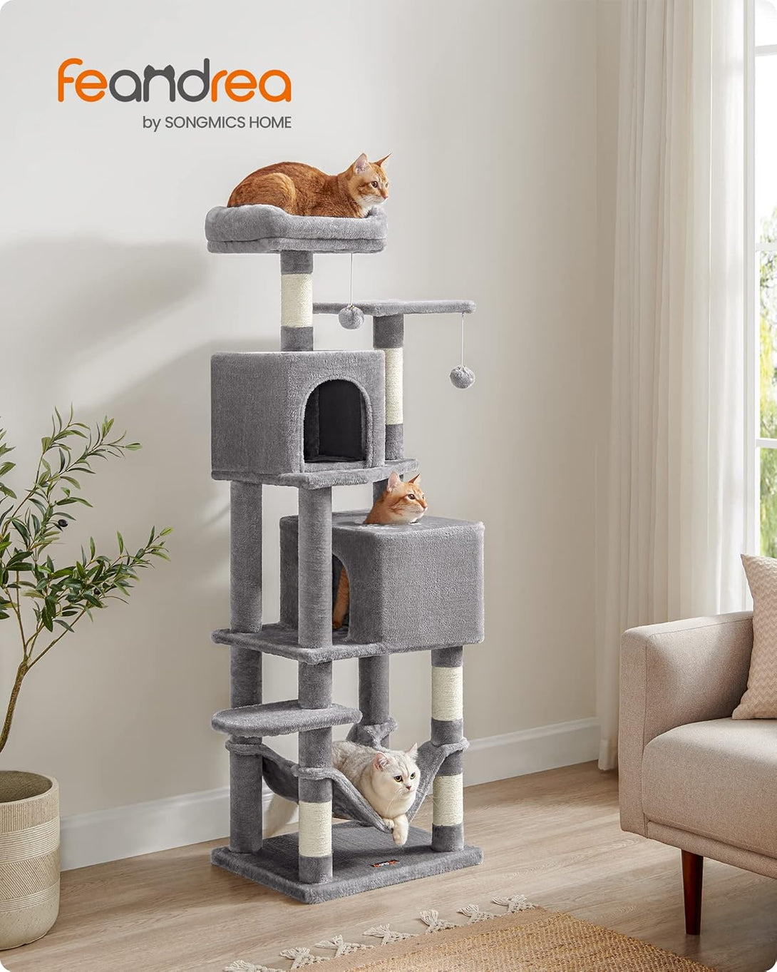 Feandrea macskakaparó torony, 155 cm magas játéktorony 5 kaparóoszloppal szürke színben-VASBÚTOR