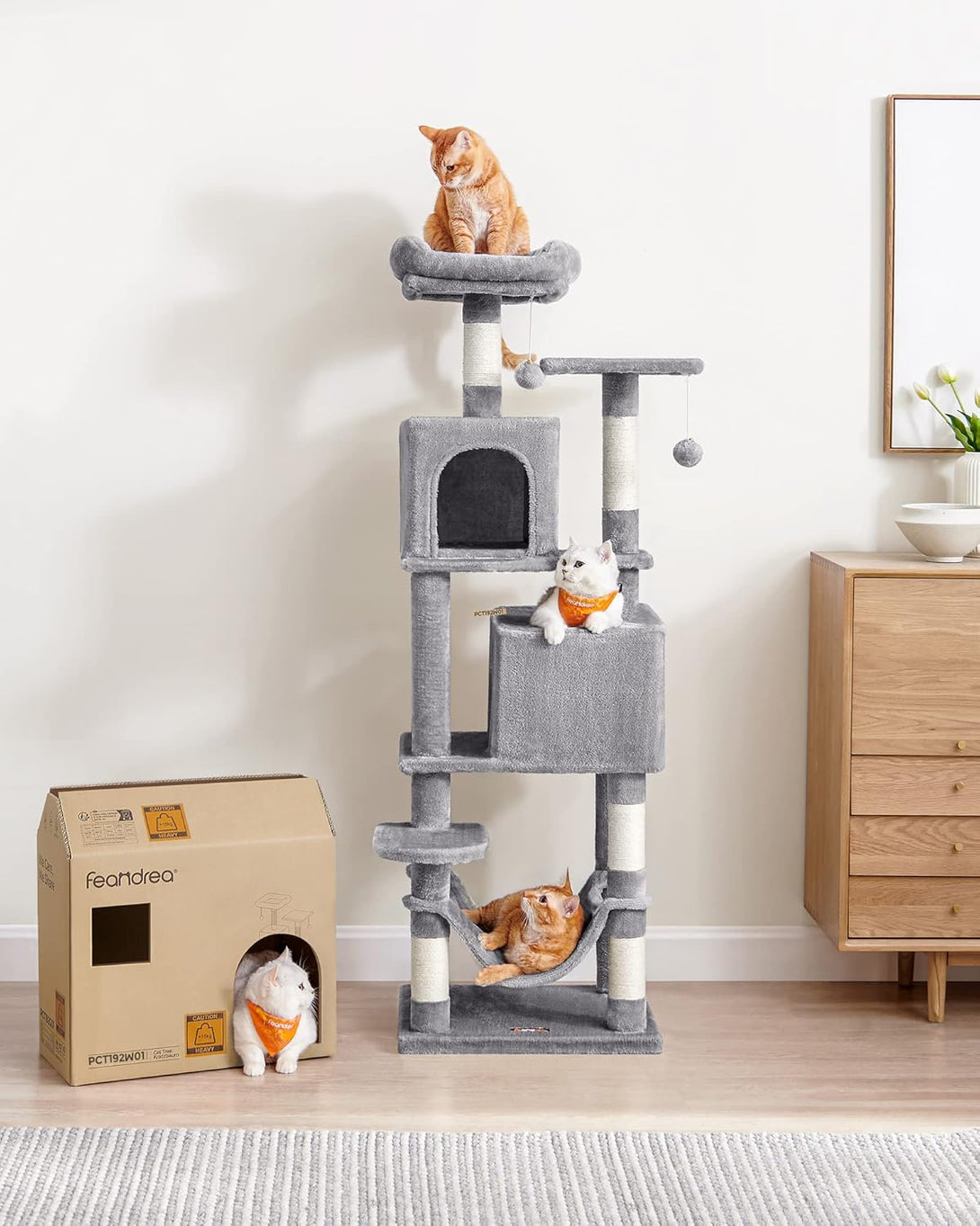 Feandrea macskakaparó torony, 155 cm magas játéktorony 5 kaparóoszloppal szürke színben-VASBÚTOR