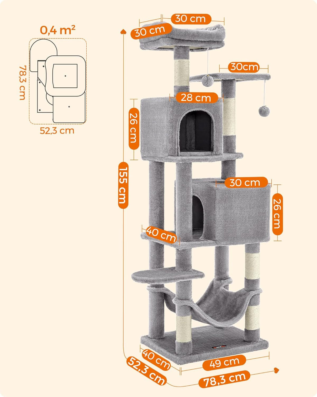 Feandrea macskakaparó torony, 155 cm magas játéktorony 5 kaparóoszloppal szürke színben-VASBÚTOR
