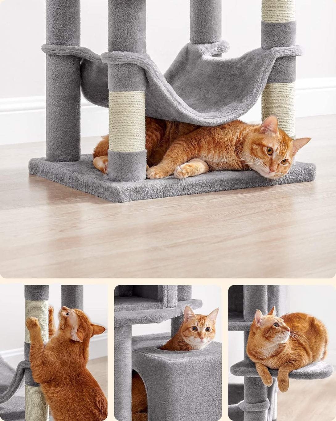 Feandrea macskakaparó torony, 155 cm magas játéktorony 5 kaparóoszloppal szürke színben-VASBÚTOR