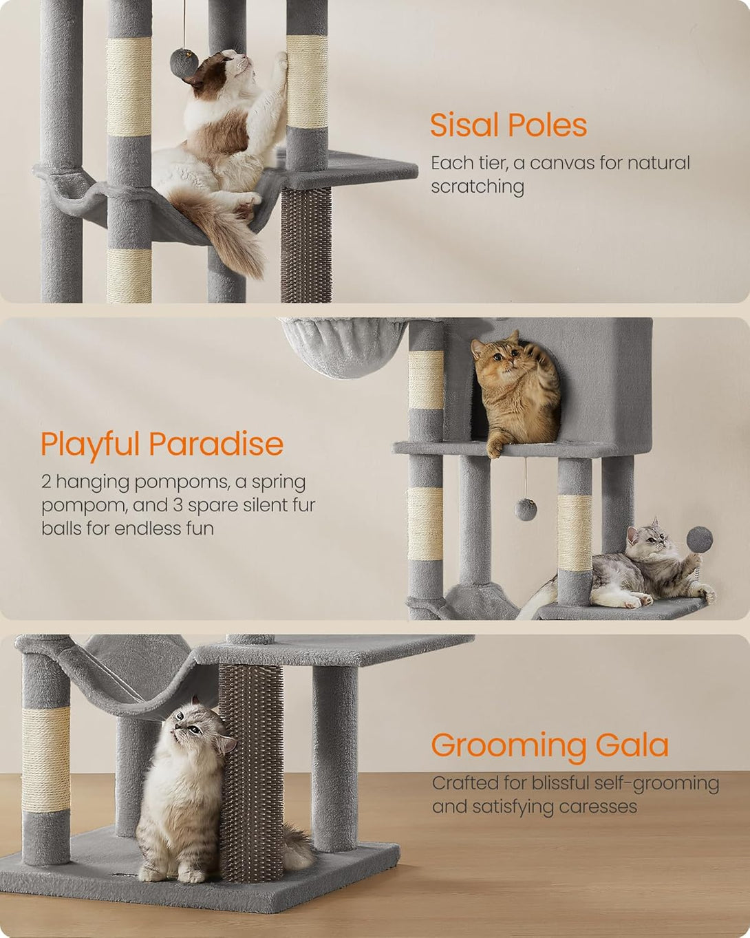 Feandrea nagy macskafa, 175 cm magas macskatorony szürke színben-VASBÚTOR