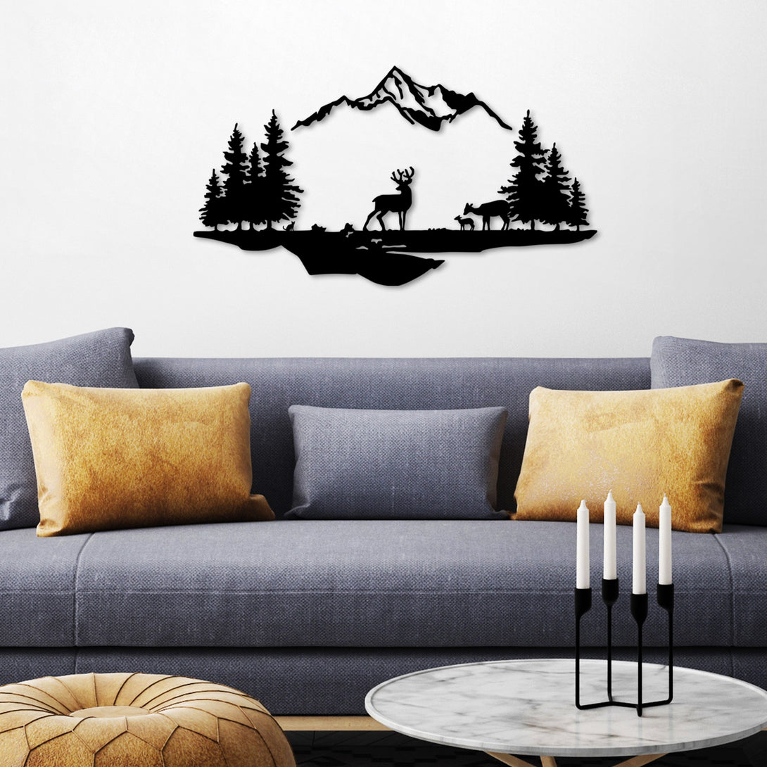 Fém fali dekoráció, Deer And Landscape - 1-VASBÚTOR