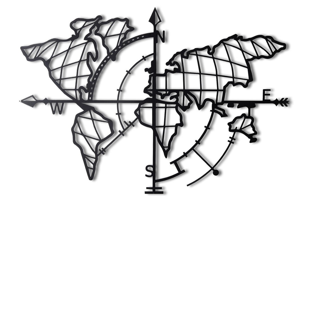 Fém fali dekoráció, World Map Compass Led - Fekete-VASBÚTOR