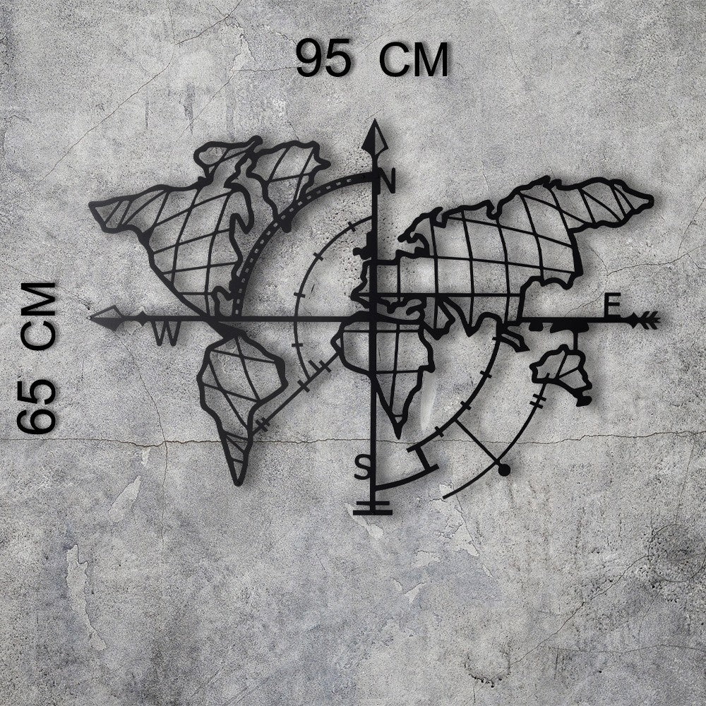 Fém fali dekoráció, World Map Compass Led - Fekete-VASBÚTOR