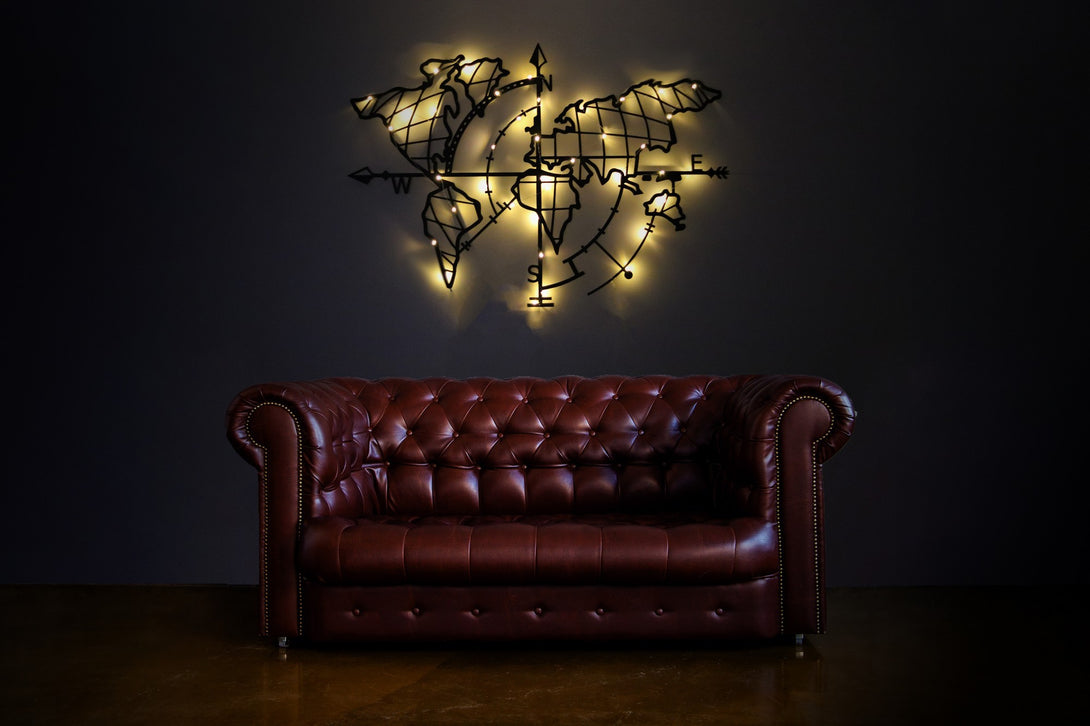 Fém fali dekoráció, World Map Compass Led - Fekete-VASBÚTOR