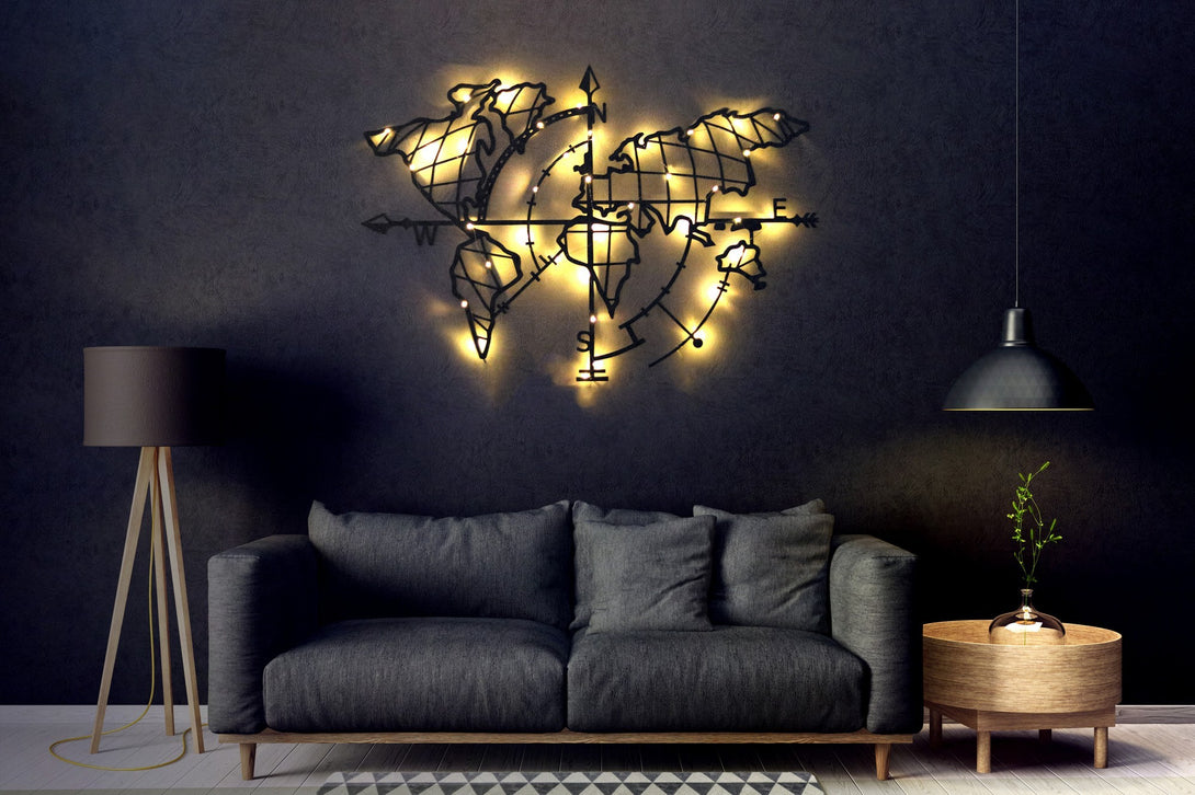 Fém fali dekoráció, World Map Compass Led - Fekete-VASBÚTOR