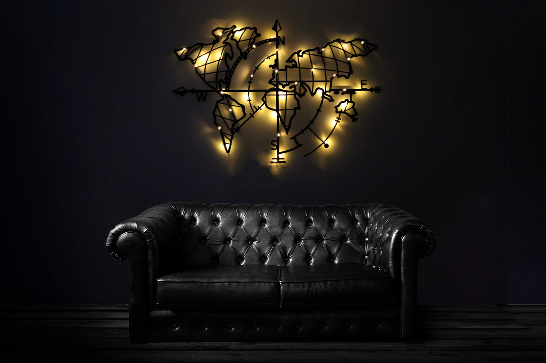 Fém fali dekoráció, World Map Compass Led - Fekete-VASBÚTOR