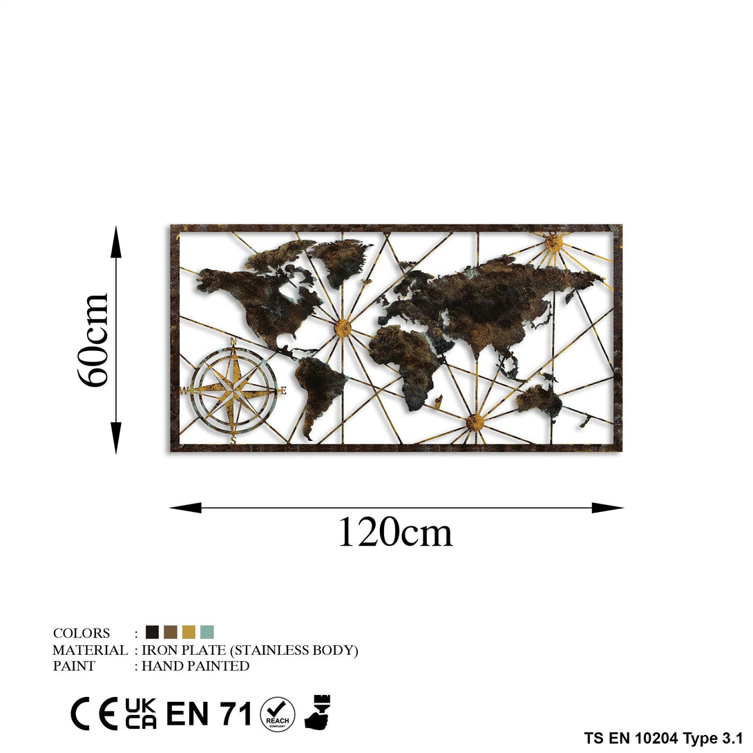 Fém fali dekoráció, World Map Large - 1-VASBÚTOR