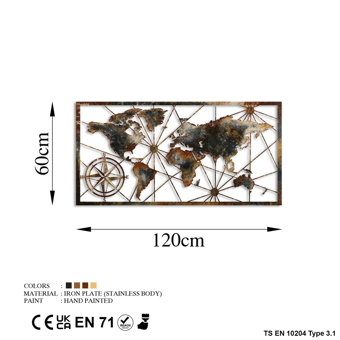 Fém fali dekoráció, World Map Large - 3-VASBÚTOR
