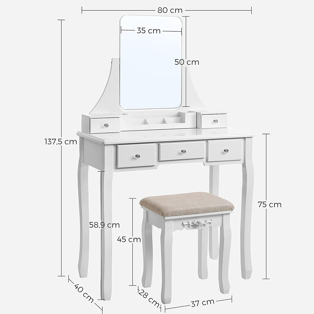 Fésülködő asztal készlet keret nélküli tükörrel 80 x 40 x 137,5 cm, fehér-VASBÚTOR