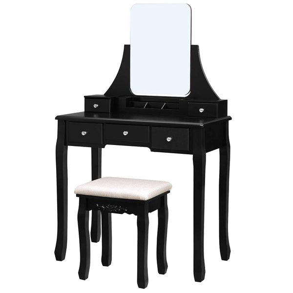 Fésülködő asztal székkel, Modern smink asztal keret nélküli nagy tükörrel, Fekete-VASBÚTOR