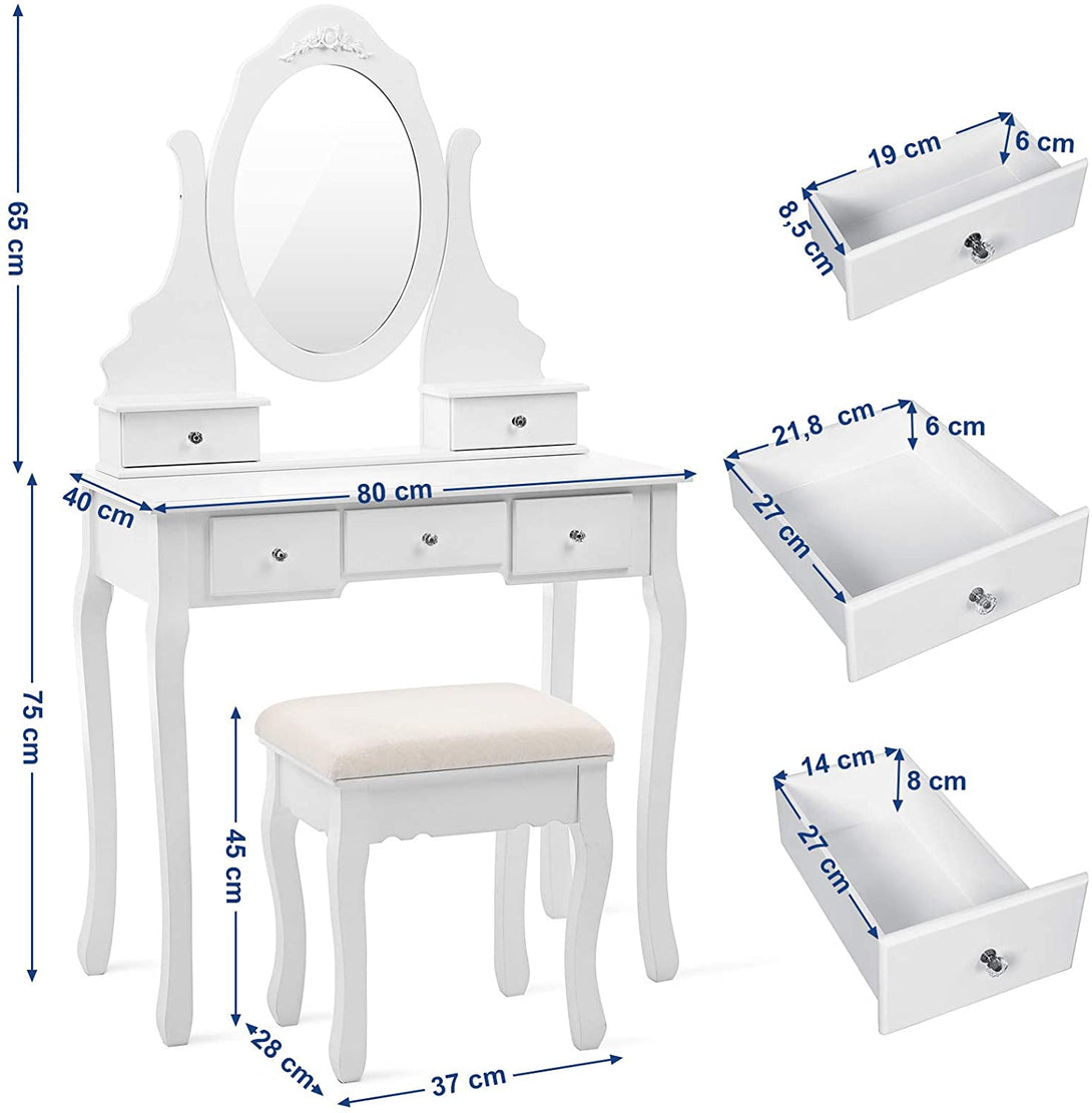 Fésülködőasztal 5 fiókkal, fésülködőasztal tükörrel és paddal, fehér-VASBÚTOR