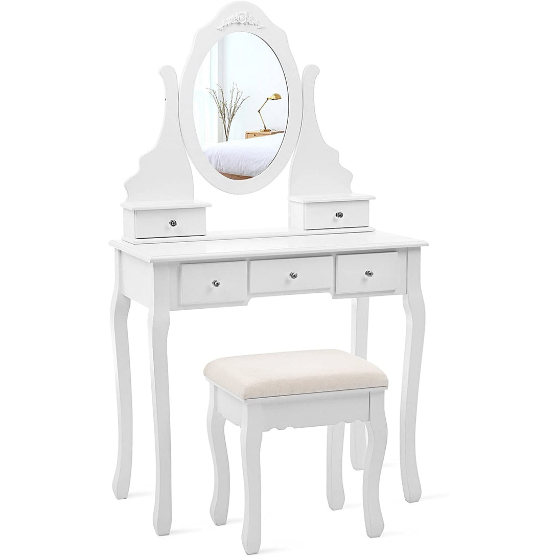 Fésülködőasztal 5 fiókkal, fésülködőasztal tükörrel és paddal, fehér-VASBÚTOR