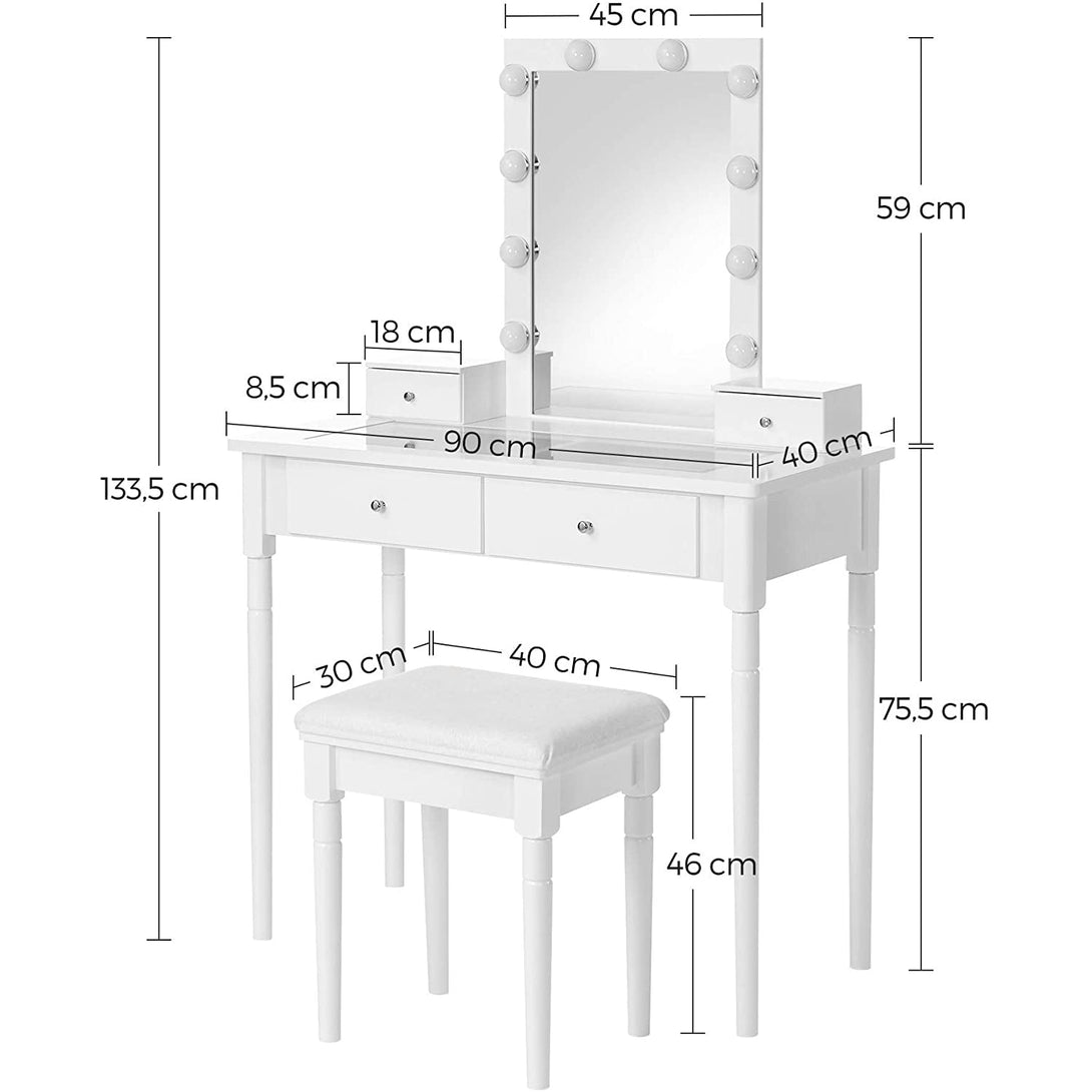 Fésülködőasztal szett, Öltözőasztal párnázott székkel és 10 állítható fényerősségű lámpával, 90 x 133,5 x 40 cm, fehér-VASBÚTOR