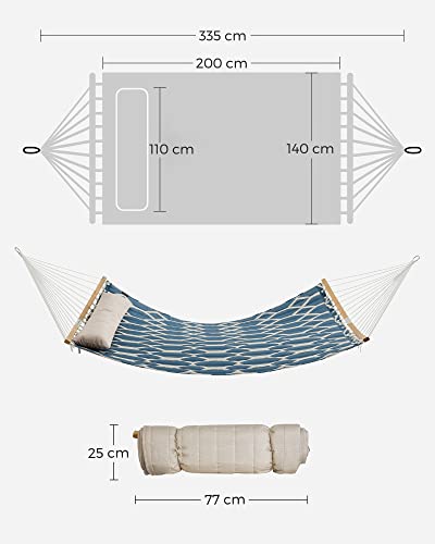 Függőágy, steppelt szövet függőágy levehető ívelt bambusz terítőkkel, párna, 200 x 140 cm, terhelhetőség 225 kg, kék és bézs rombusz-VASBÚTOR