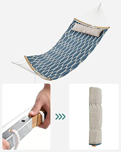 Függőágy, steppelt szövet függőágy levehető ívelt bambusz terítőkkel, párna, 200 x 140 cm, terhelhetőség 225 kg, kék és bézs rombusz-VASBÚTOR
