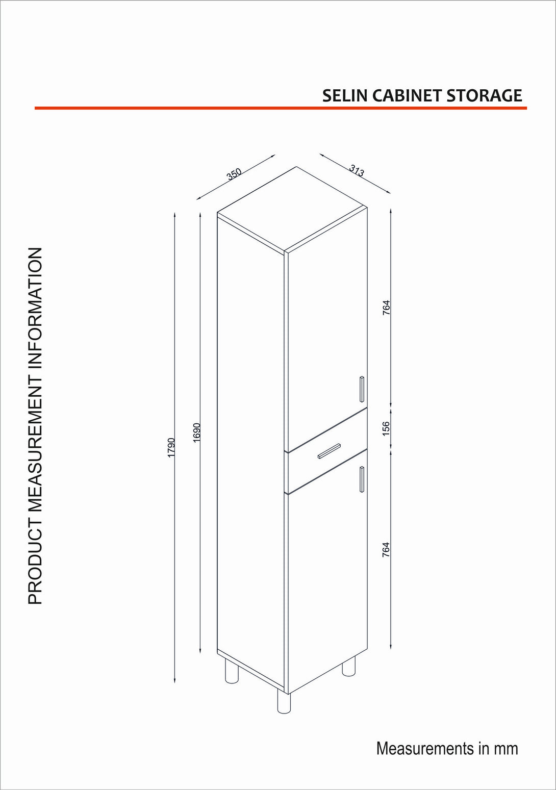 Fürdőszoba szekrény Selin 2 Doors 1 Drawer-VASBÚTOR