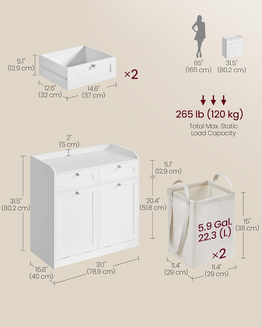 Fürdőszobai szekrény szennyeskosarakkal 40×78,9×80,2 cm, felhőfehér színben-VASBÚTOR