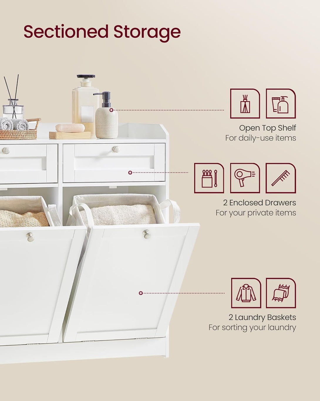 Fürdőszobai szekrény szennyeskosarakkal 40×78,9×80,2 cm, felhőfehér színben-VASBÚTOR