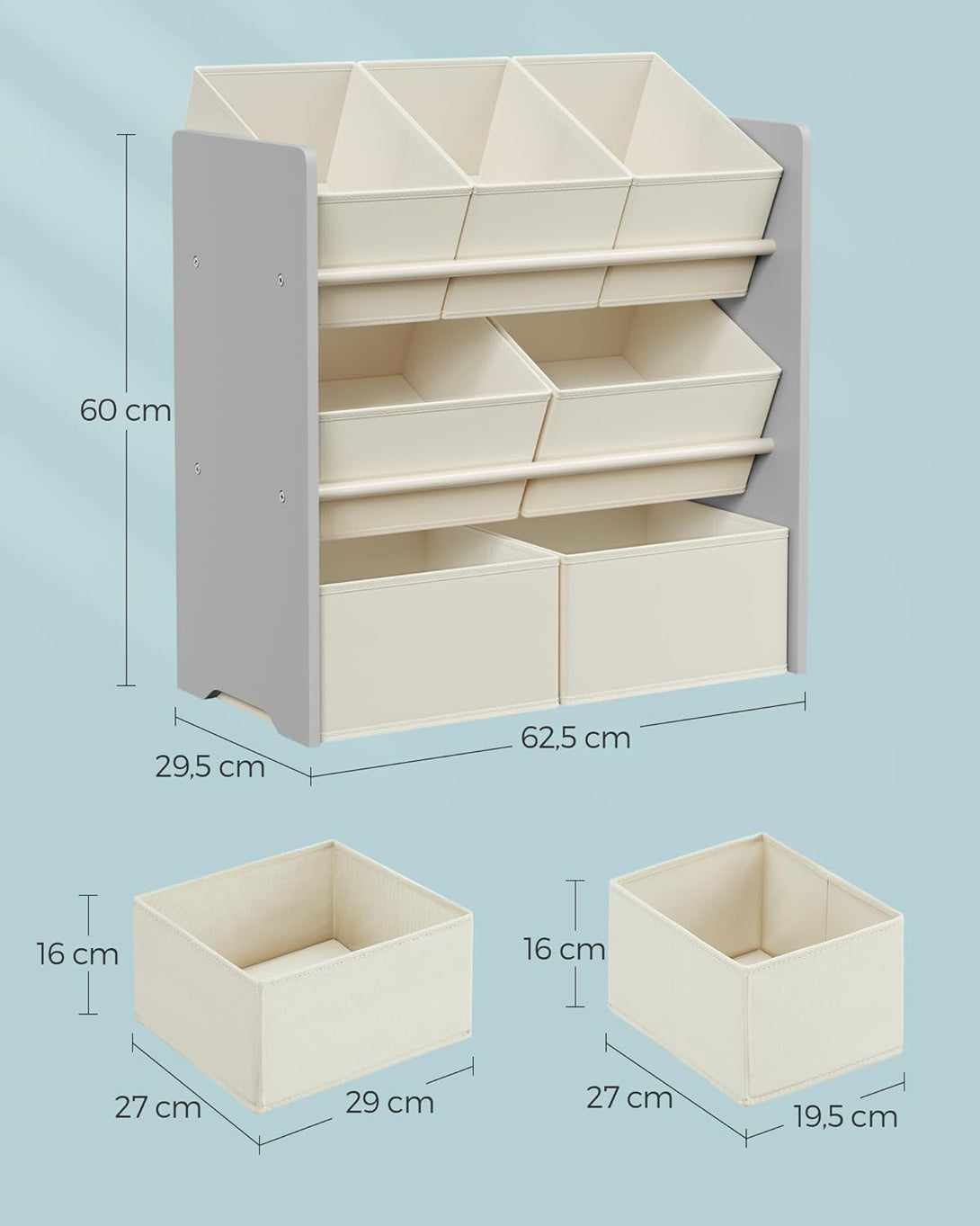 Gyerekszoba polc, játéktároló 7 textil tárolódobozzal 29,5 x 62,5 x 60 cm, galamb szürke-VASBÚTOR